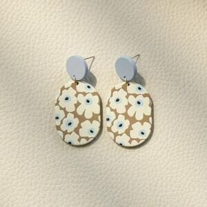 Acrylic Earrings Oval Flower‎ Pattern Dangle Retro Cute Jewelry Delicate Blue